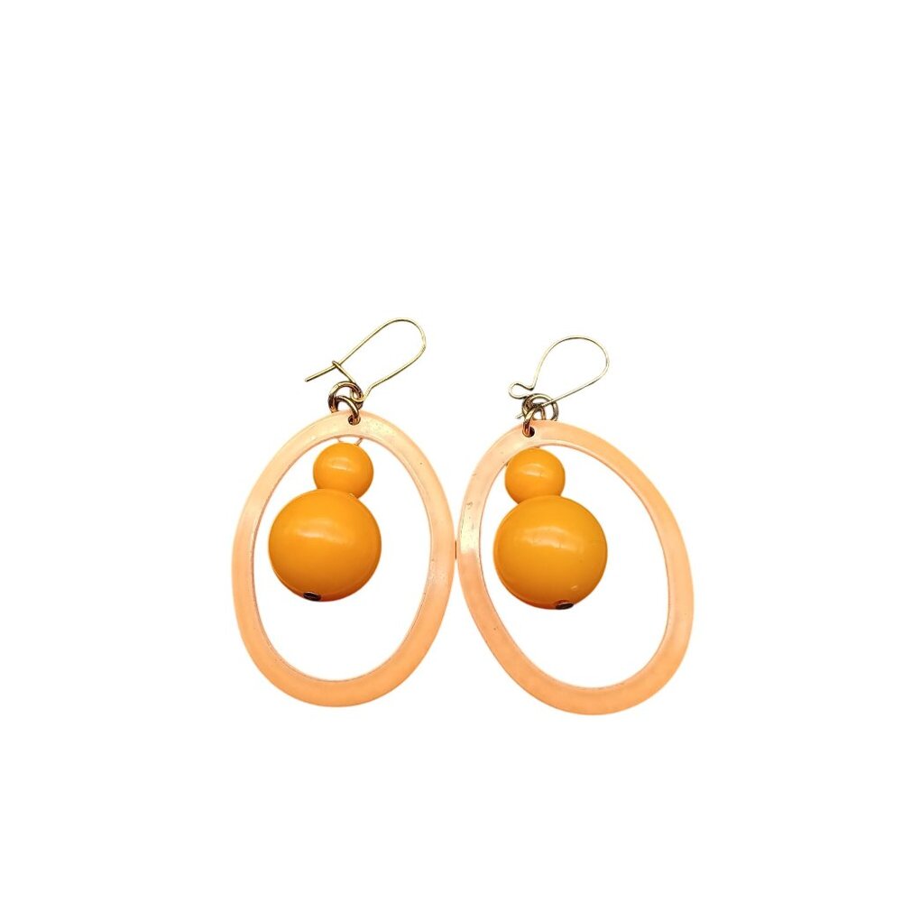 Vintage Orange Dangle Earrings with Oval Enamel Frame & Bead Accents - Picture 2 of 5